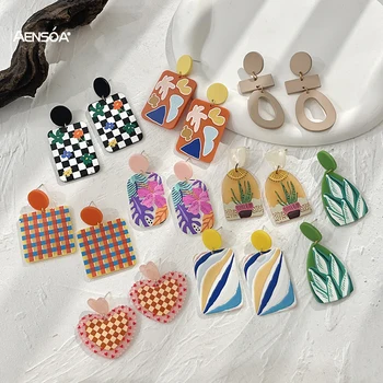 Модные акриловые серьги-капли AENSOA с разноцветным рисунком флоры для женщин, геометрические серьги-подвески неправильной формы, ювелирные изделия