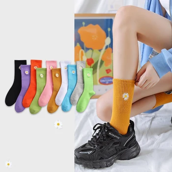 Модные женские короткие носки средней длины с цветами для студенток и девочек