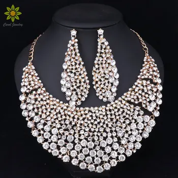 Модные наборы свадебных украшений Свадебное ожерелье Серьги Для невест Аксессуары для вечеринок Золотой Цвет Кристалл Индийские женские украшения