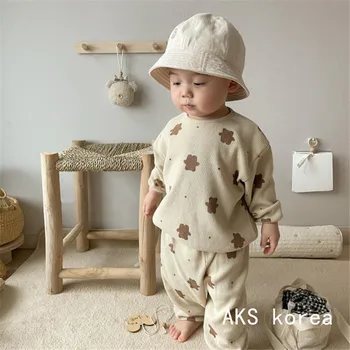 Модный Детский костюм мультяшного медведя в корейском стиле, Детская одежда, Весна/осень, Милые Свободные комплекты с длинными рукавами для девочек и мальчиков