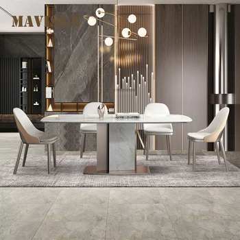 Мраморный прямоугольный стол для столовой, элитная бытовая мебель для кухни ресторана, Комбинация длинного стола со стульями