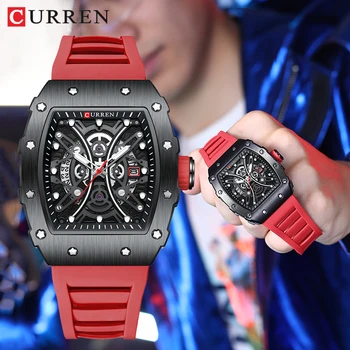 Мужские наручные часы с хронографом CURREN, модный дизайн, кварцевые часы с циферблатом, Мужские Деловые Прямоугольные Силиконовые Мужские часы с каркасом.