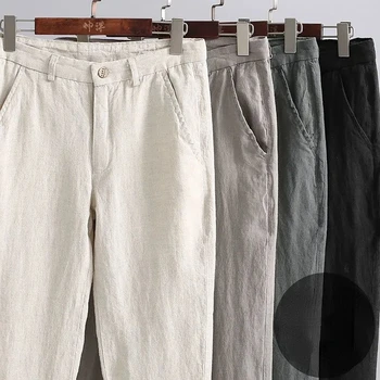 Мужские хлопчатобумажные льняные брюки, Мужские осенние Новые дышащие однотонные льняные брюки, мужская Высококачественная уличная одежда Ropa Hombre Q305
