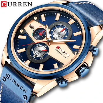 Мужские часы CURREN Модные повседневные кварцевые спортивные наручные часы 2021 Синие часы Мужские хронограф Кожаные мужские наручные часы 2021