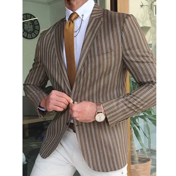 Мужской Деловой Повседневный Пиджак в коричневую полоску на двух пуговицах, Модный Темпераментный Костюм, пальто S-3XL