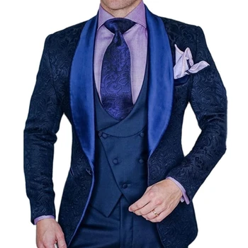 Мужской костюм, 3 предмета, темно-синяя Жаккардовая ткань, деловой Приталенный Свадебный Смокинг для жениха, вечеринки, банкета, Жилет с брюками