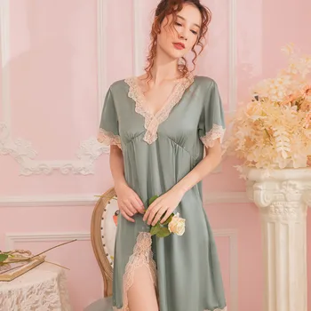 Мягкая пижама Женская ночная рубашка Атласное шелковистое платье для сна Интимное белье Кружевная ночная рубашка в стиле пэчворк Свободный домашний халат
