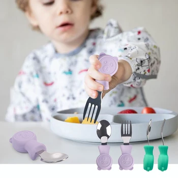Набор детских ложек-вилок с ручкой в виде милого мультяшного Медведя, защита от падения, набор посуды для малышей, детское питание, Обучающая столовая посуда