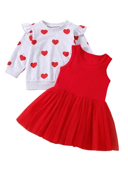 Наряд на День Святого Валентина Для малышей, Толстовка с сердечками для девочки, футболка с длинными рукавами и рюшами, Тюлевое платье без рукавов