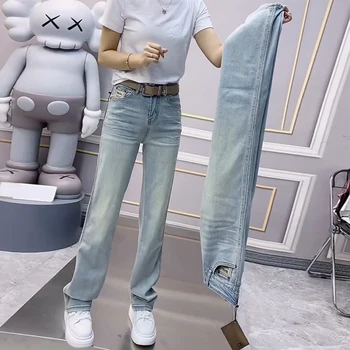 Негабаритные джинсы прямого кроя для женщин summer slim 2023, новые утягивающие брюки mop с широкими штанинами из ледяного шелка