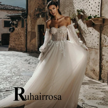 Необычные свадебные платья Ruhair с пышными рукавами, кружевами и пайетками без спинки, 2023, аппликации для невесты, выполненные на заказ Robe De Mariée