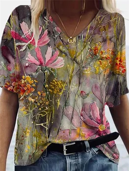 Новая летняя футболка с цветочным принтом, коротким рукавом и V-образным вырезом для женщин, женские повседневные футболки, модные топы, одежда 2023