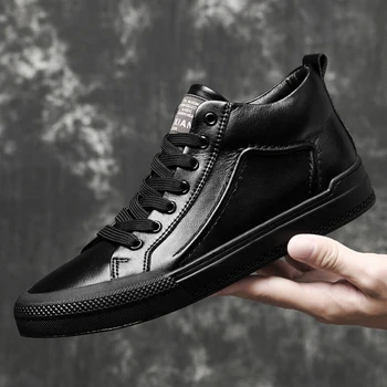 Новая мужская повседневная обувь, черные кроссовки из натуральной кожи, мужская удобная роскошная мужская обувь, высококачественные однотонные ботильоны на шнуровке