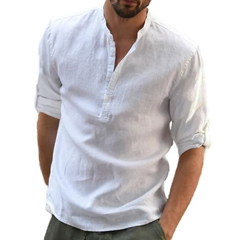 Новая мужская повседневная блузка, хлопковая льняная рубашка, свободные топы, футболка с длинным рукавом, весенне-осенние повседневные красивые мужские рубашки