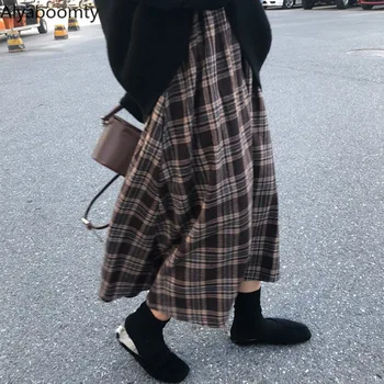 Новая японская Осенне-зимняя женская юбка Миди Harajuku в клетку с высокой талией, корейская уличная одежда Ulzzang, Элегантные Длинные юбки