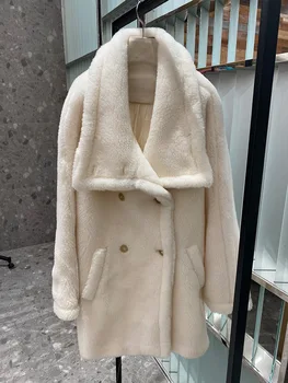 Новинка 2023 года, правильная версия пальто с плюшевым мишкой, меховое пальто с большим отворотом, теплое женское пальто средней длины для женщин.