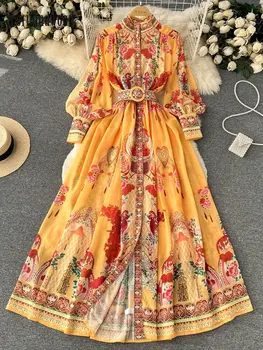 Новое Весенне-летнее винтажное шифоновое платье с воротником-стойкой и длинным рукавом-фонариком, женский пояс с цветочным принтом, Свободные Макси-платья трапециевидной формы