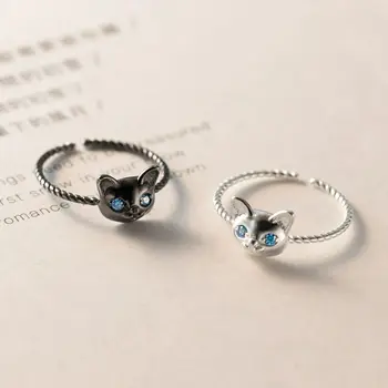 Новое модное кольцо с открытым пальцем серебристого цвета, Голубые глаза, Кошачий шнурок, черный для женщин, подарок для девочек, прямая поставка, Оптовая продажа, марка 925 пробы