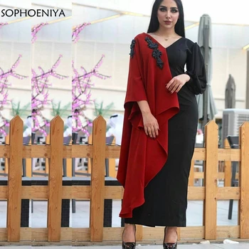 Новое поступление вечерних платьев с V-образным вырезом и длинным рукавом 2023 года, красно-черное мусульманское вечернее платье Плюс размер, вечернее платье для официальных мероприятий