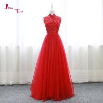 Новое поступление, высокий вырез, шнуровка, открытая спина, аппликации, блестящий бисер, красное вечернее платье с кристаллами, длинное платье Vestido