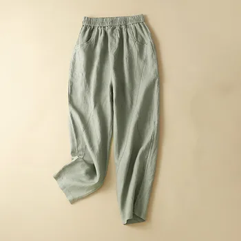 Новые дизайнерские повседневные брендовые брюки из чистого льна длиной до щиколоток для женщин, брюки с эластичной резинкой на талии для девочек, 7 цветных женских панталон