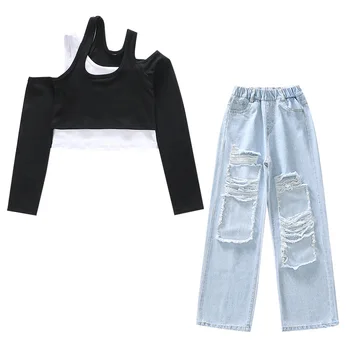 Новый комплект одежды в стиле хип-хоп для девочек, весенне-летние костюмы из рваных джинсов, детские футболки в стиле пэчворк с длинными рукавами и джинсовые трусы с дырками