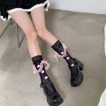 Носки для взрослых девочек, кружевные прозрачные летние носки-трубочки с цветочным рисунком, подростковые носки, эластичные чулки для девочек, Новинка 2023 года, Носки