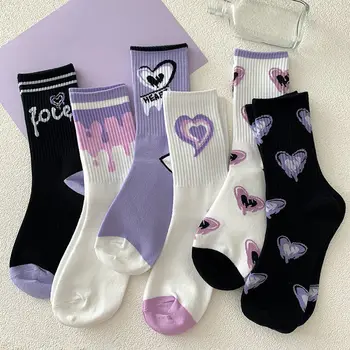 Носки с принтом Kawaii Love, фиолетовые женские носки, женская красота на весну-лето, Жареные уличные носки средней длины, Harajuku Medias