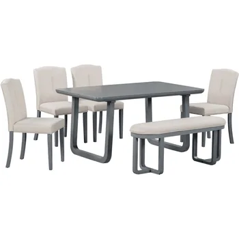 Обеденный набор в стиле ретро из 6 предметов Включает обеденный стол, 4 мягких стула и скамейку с поролоновыми спинками и подушками