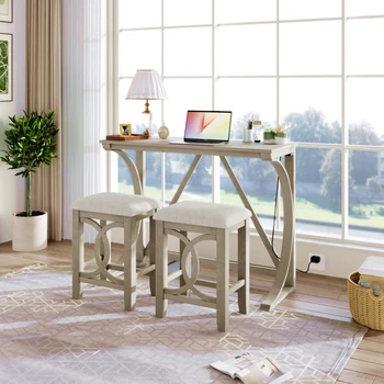 Обеденный стол в фермерском доме из 3 предметов высотой со столешницу, с USB-портом и мягкими табуретками, кремовый