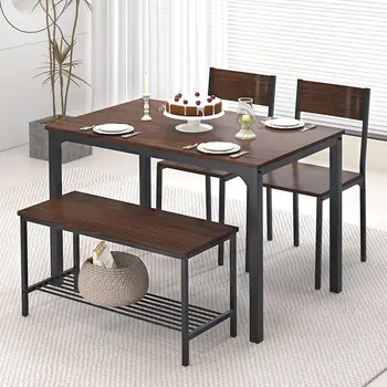 Обеденный стол из 4 предметов на 4 Персоны, Кухонный стол с 2 Стульями и 1 Скамейкой, Набор Кухонной Домашней мебели для Столовой