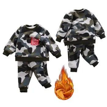 Осенне-зимняя детская одежда, флисовый свитер для мальчиков, топ с камуфляжным принтом с длинным рукавом + брюки, комплект из 2 предметов, детский костюм