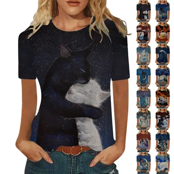 Осень 2023, Женская одежда с мультяшным животным принтом, Женские рубашки и блузки с коротким рукавом, повседневные 3D Абстрактные женские блузки Haut Femme