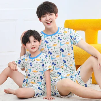 Отец и Сын, Летние комплекты для семьи с короткими рукавами, Семейный образ, пижамы с динозаврами для мальчиков-подростков, семейные пижамы