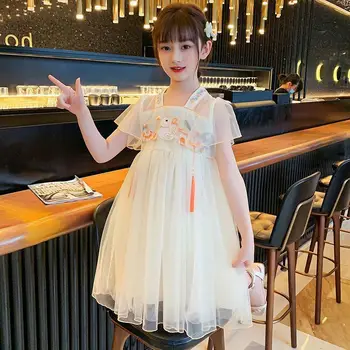 Платье с короткими рукавами для девочек 3, 5, 8, 10 лет, Новое детское летнее платье принцессы в китайском стиле Hanfu для девочек, детская кружевная юбка