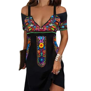 Платье-слинг в этническом винтажном стиле, женское сексуальное лето 2023, повседневное платье с V-образным вырезом и цветочным принтом, богемное удобное платье с коротким рукавом