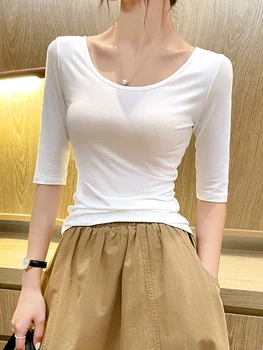 Повседневная женская футболка с круглым вырезом и коротким рукавом из 95% хлопка, летняя шикарная однотонная тонкая футболка, женская базовая футболка 11 цветов