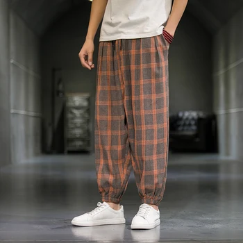 Повседневные брюки из хлопка в китайском стиле, мужские летние дышащие шаровары из тонкой ткани, удобные свободные брюки в клетку