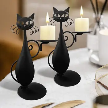 Подсвечник с черным котом для свечи на столбе, ретро-деревенский фермерский дом, металлический декор в виде кота, подсвечник для бара, свадебный декор для дома