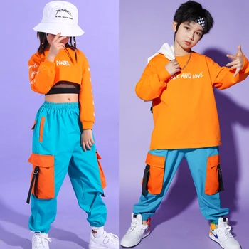 Праздничная одежда для джазовых выступлений для девочек 2023, танцевальные костюмы в стиле хип-хоп, детские оранжевые укороченные топы, брюки-карго, одежда в стиле Kpop для