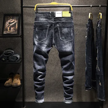 Рваные джинсы Для мужчин, Приталенная Модная дизайнерская уличная одежда со стрейчевым принтом, мужские джинсовые брюки, Потертые винтажные джинсы для мотобайкеров, мужские джинсы