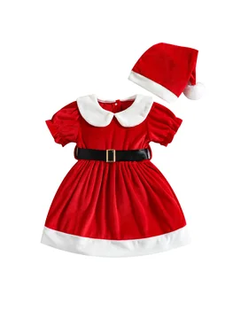 Рождественское платье трапециевидной формы для маленьких девочек, Красное Платье с кукольным Воротником и поясом, шляпа