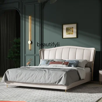 Роскошная кровать из воловьей кожи высокого класса В главной спальне Двуспальная кровать 1,8 м Современная минималистичная кожаная кровать