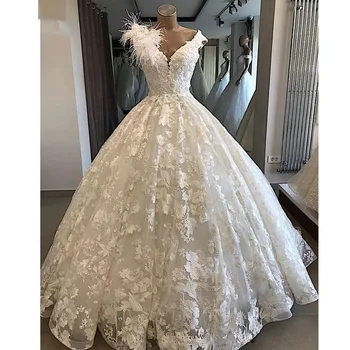Роскошное свадебное платье с V-образным вырезом и аппликацией из перьев, кружевное платье со шлейфом, с открытыми плечами, сшитое на заказ, свадебные платья Vestido De Novia