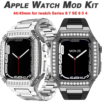Роскошный Бриллиантовый Чехол для Apple Watch Band 45 мм 44 мм Комплект Модификации Металлический Стальной Корпус Резиновый Ремешок для iWatch Серии 8 7 SE 6 5 4