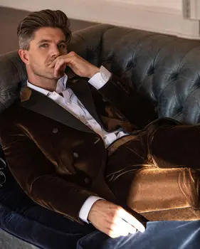 Роскошный коричневый блейзер и брюки, плотная зимняя одежда для свадьбы, новогодний теплый мужской костюм, 2 предмета, рождественский вельветовый жакет и брюки, наряд