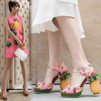 Сандалии на платформе с каблуком в форме ананаса, плиссированный бант из набивной ткани, Высокие каблуки с пряжкой, Открытый носок, женская обувь большого размера