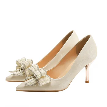 Свадебные женские туфли-лодочки из шелка на высоком тонком каблуке 6 см с острым носком и узлом-бабочкой, Модная женская обувь с узлом-бабочкой, Дизайнерская обувь для вечеринок