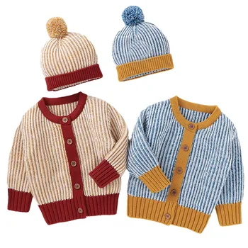 Свитера Для новорожденных девочек и мальчиков, прекрасный кардиган, свитер + шапка, однобортная вязаная куртка с длинным рукавом, одежда на осень-зиму