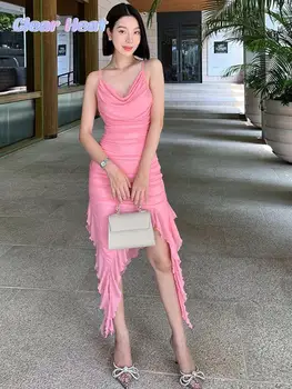 Сексуальное однотонное розовое платье с оборками на бретелях для лета 2023 года с широким вырезом и высоким разрезом, плиссированные вечерние платья, женские модные облегающие платья